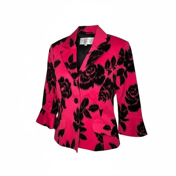 Trina Turk Pink Black Floral Blazer Womens 6 Bell Sleeve Button Career Cocktails - Picture 1 of 12